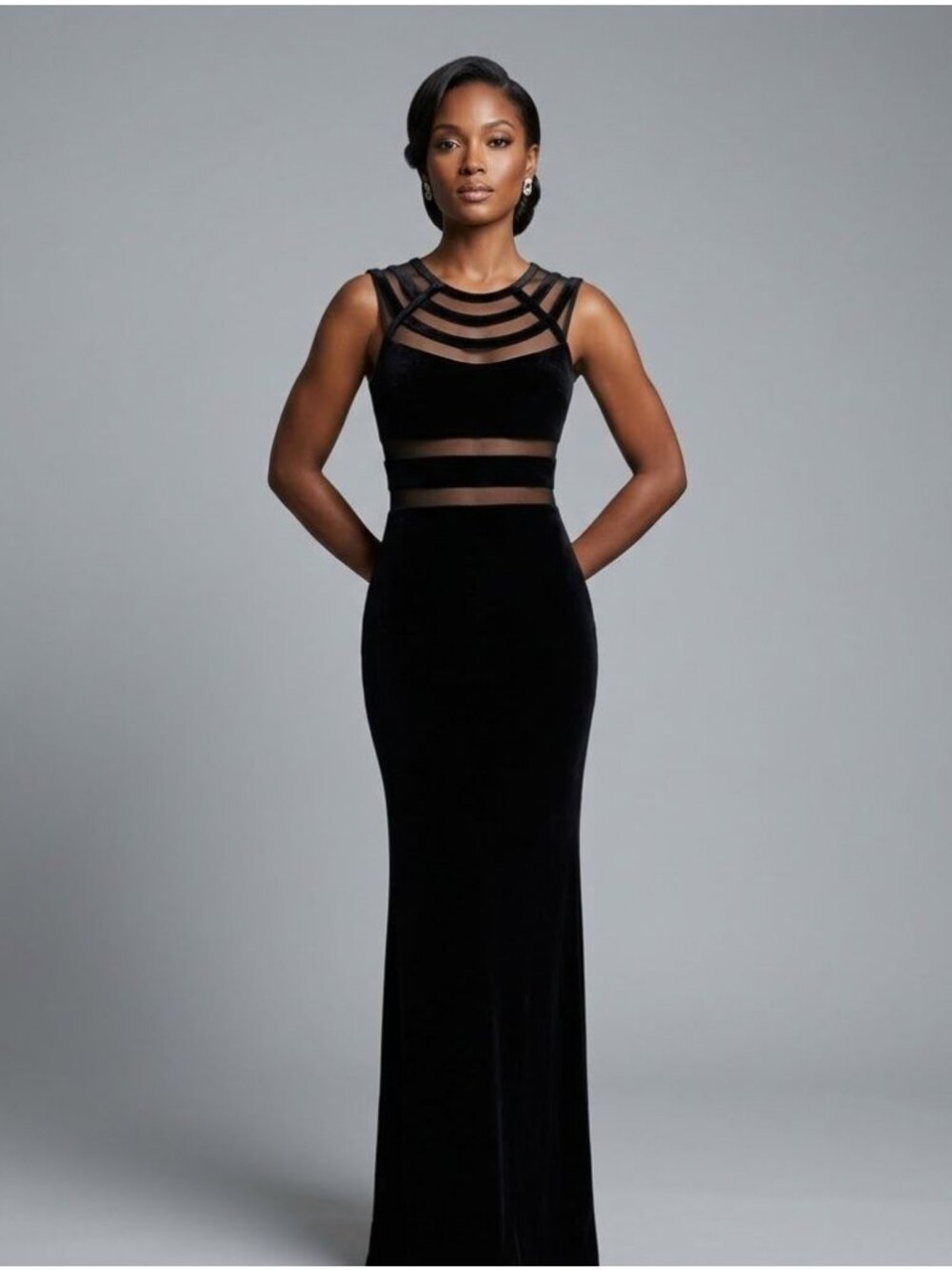 Black Velvet Illusion Cutout Floor-Length Gown Sleeveless Sheer Formal Dress M
